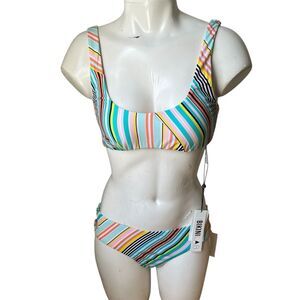 NWT The Bikini Lab Women's Two Piece Swimsuit Medium Blue Orange Stripes Groovy